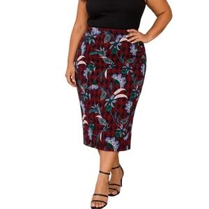 Women Eloquii  Red Floral Scuba Pencil Skirt 20 Plus Size High Waist Midi Print